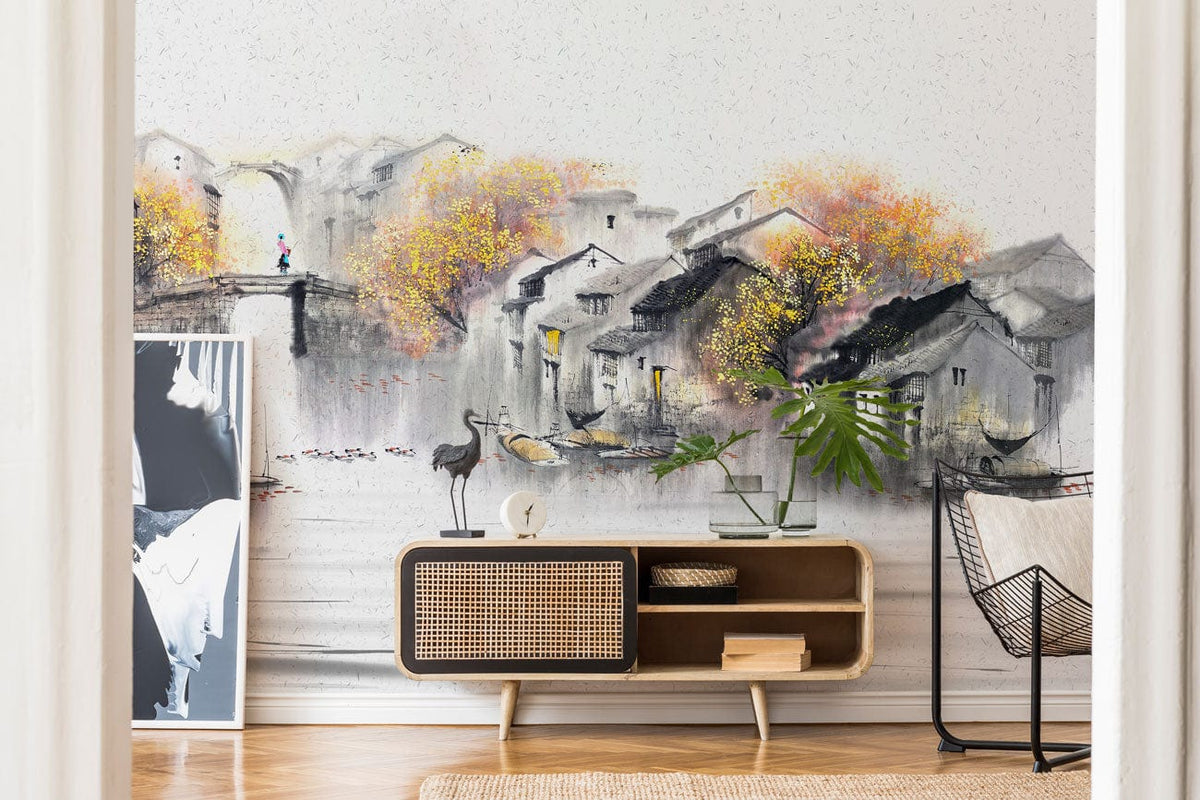 Tranquil watercolour landscape mural in living room with wooden sideboard, rattan chair, autumn scenery.