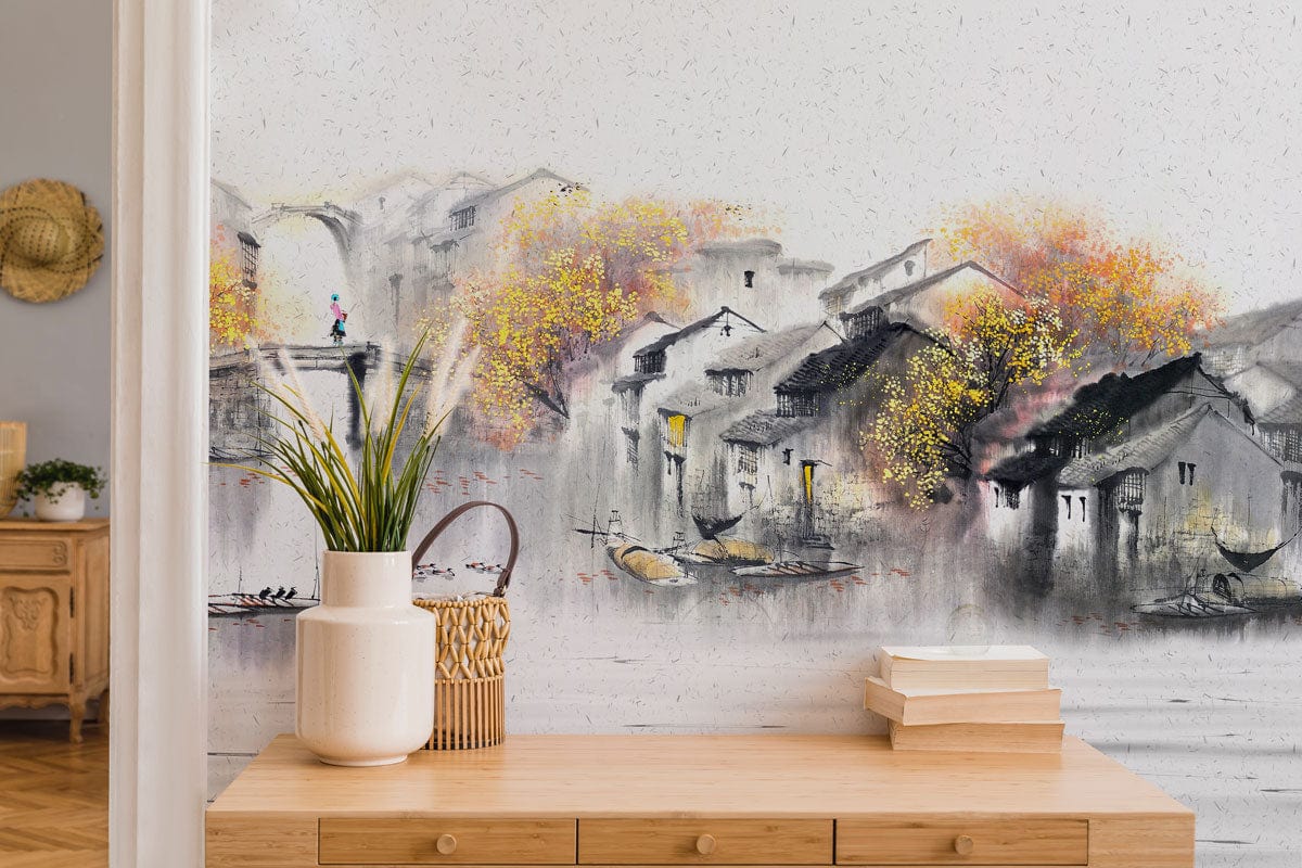 Tranquil Watercolour Landscape Autumnal Mural Wallpaper, oak sideboard, beige walls, parquet flooring, cottage style.