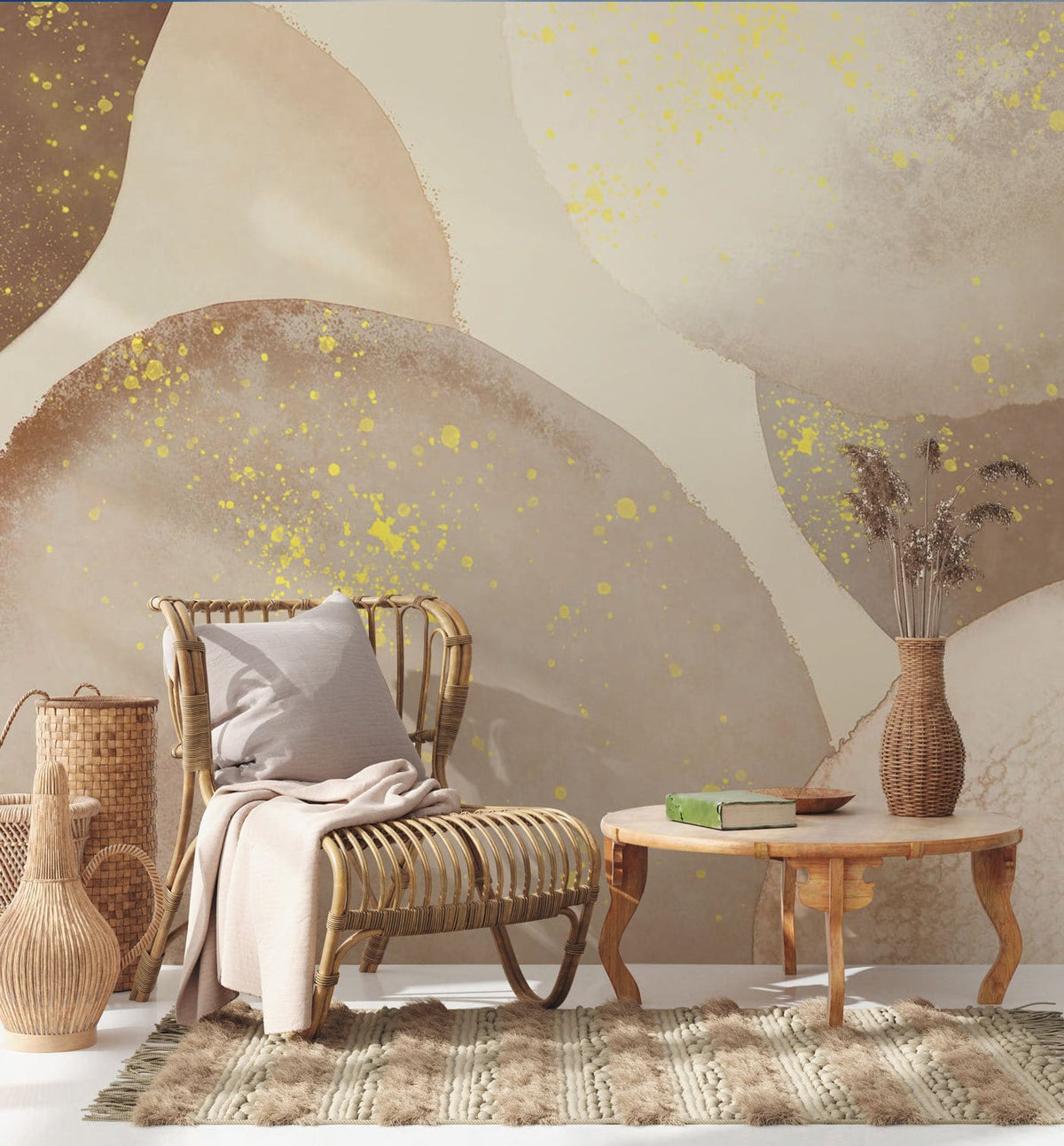 Elegant earthy tones abstract circle wallpaper with gold accents in a cosy living room setting.
