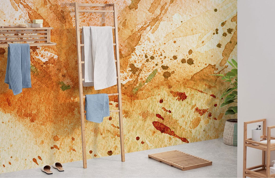 Rustic Watercolour Splatter Orange Mural Wallpaper, modern bathroom, wooden ladder, towels, grey flooring.