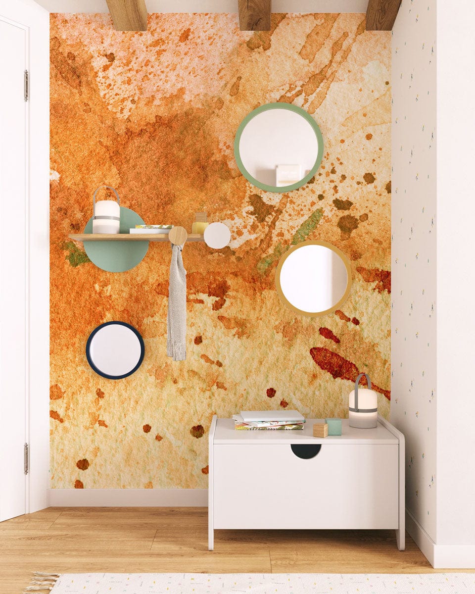 Rustic watercolour splatter wallpaper on feature wall, wooden flooring, modern mirrors, minimal furniture, wooden ceiling.