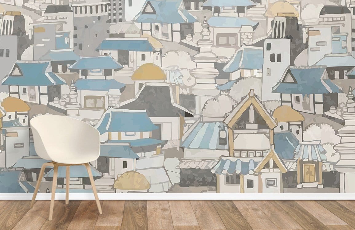 Charming cityscape mural wallpaper, soft blue and beige hues, wooden flooring, minimalist chair, room decor.