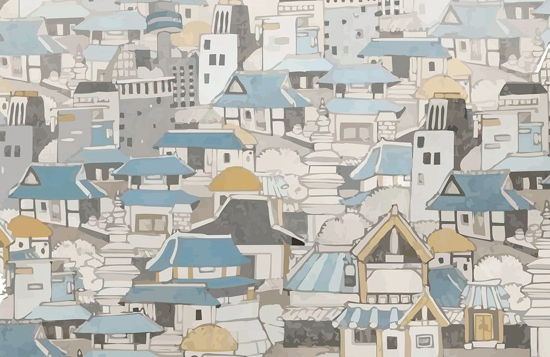 Charming Cityscape Mural Wallpaper with Soft Blue and Beige Hues