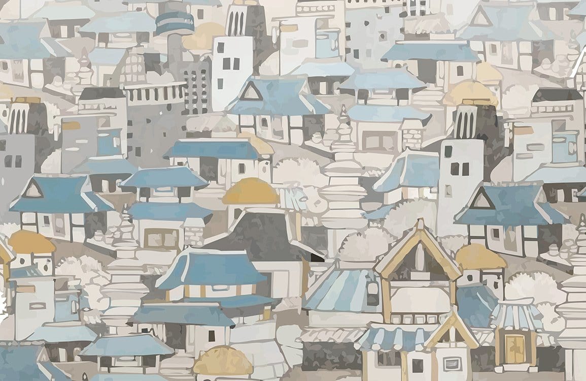 Charming Cityscape Mural Wallpaper with Soft Blue and Beige Hues