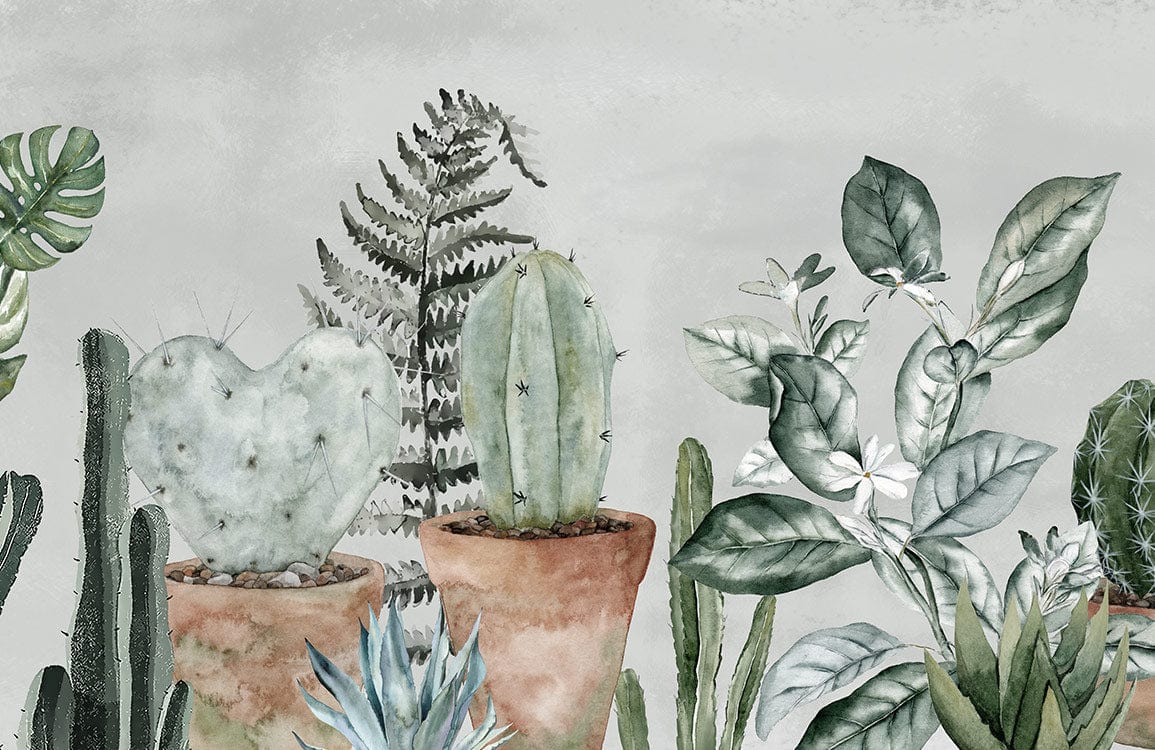 Botanical Watercolour Cactus Mural Wallpaper in Soft Green Earthy Tones.