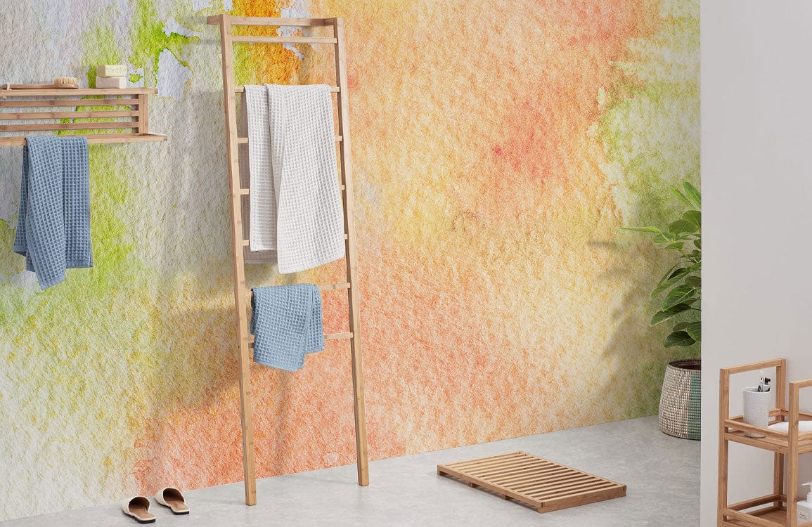 Soft Pastel Watercolour Abstract Mural Wallpaper, earthy tones, in bathroom with natural wood accents.