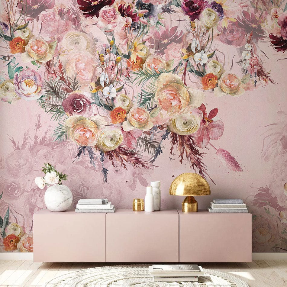 Floral Elegance vintage wallpaper with roses, peonies; pink sideboard, gold lamp, light rug, living room.