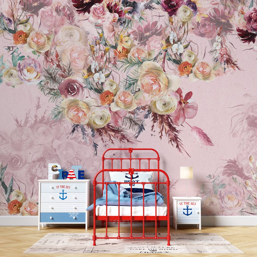 Pink vintage watercolour mural wallpaper with roses, peonies; children's room; red bed, nautical decor.