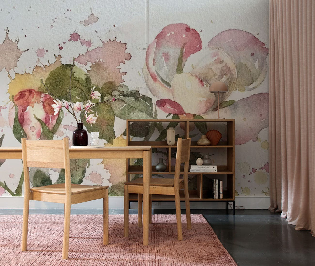 Elegant Watercolour Floral Wallpaper featuring blush and green roses, wooden dining set, pink rug, cosy room.