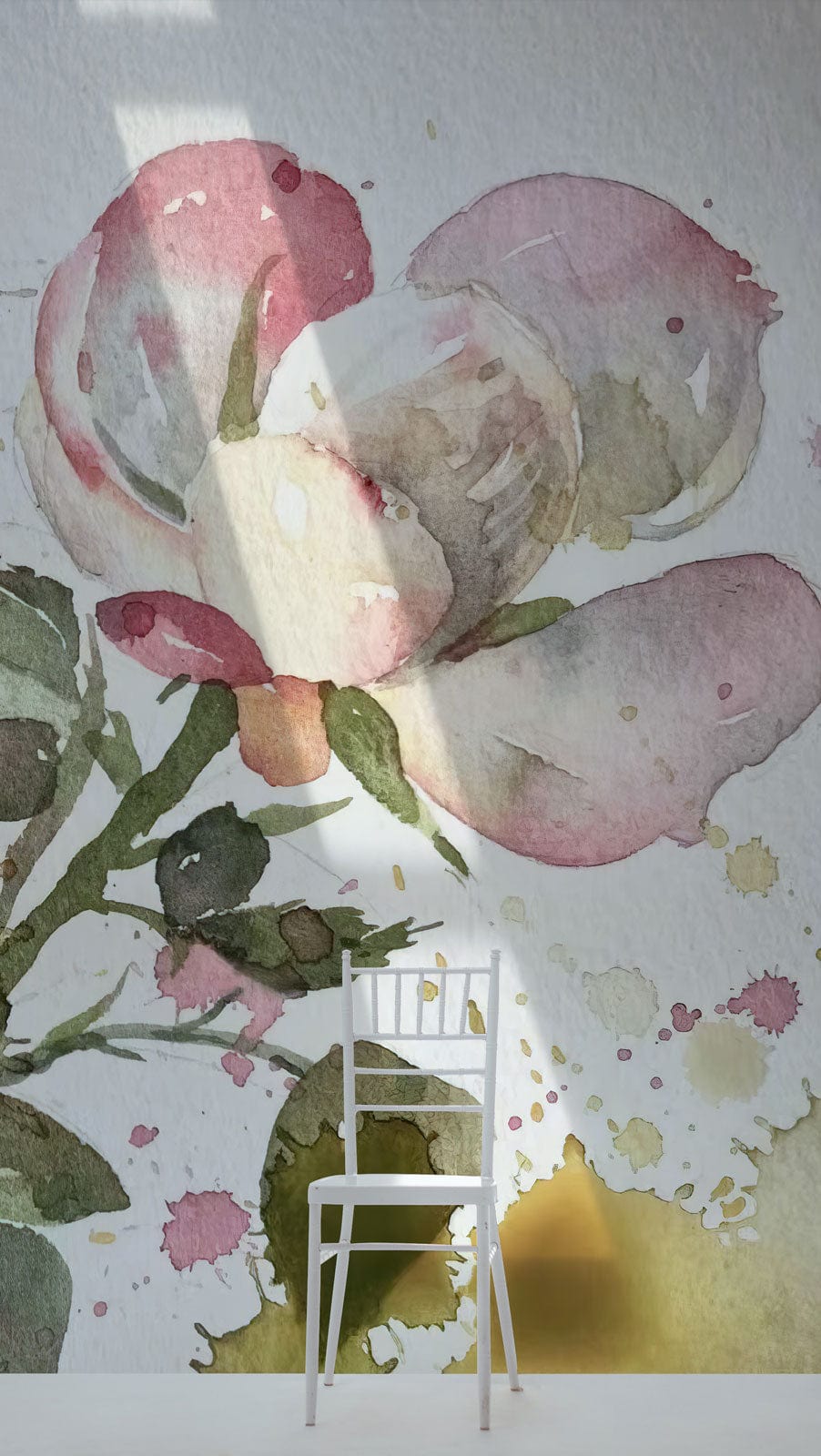 Elegant watercolour floral blush and green rose mural wallpaper with white chair, botanical theme decor.