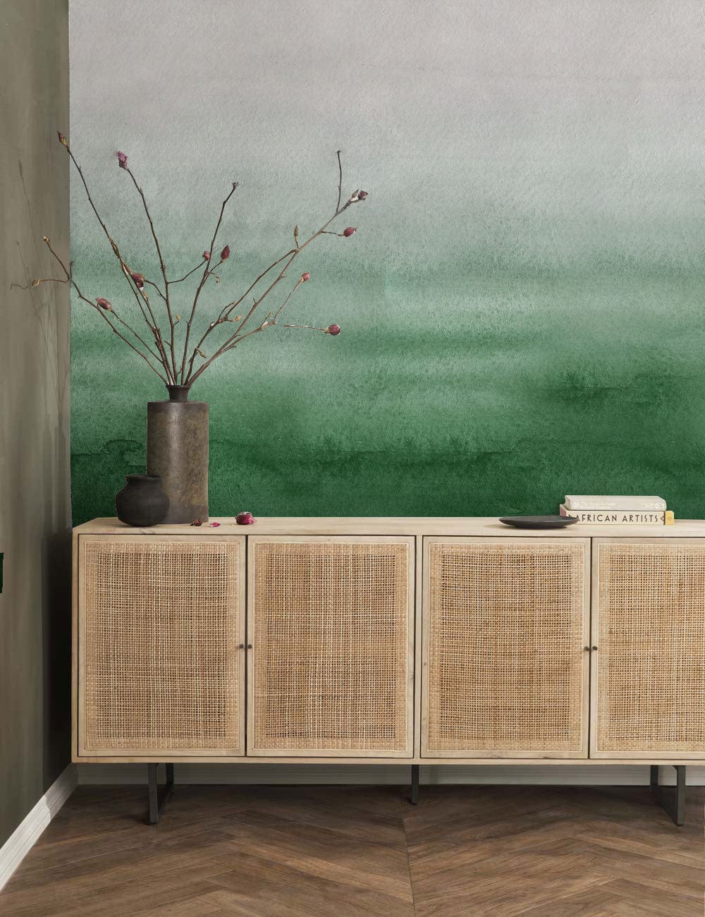 Emerald Green Ombre Wallpaper in modern living room with wooden sideboard and chevron parquet flooring.