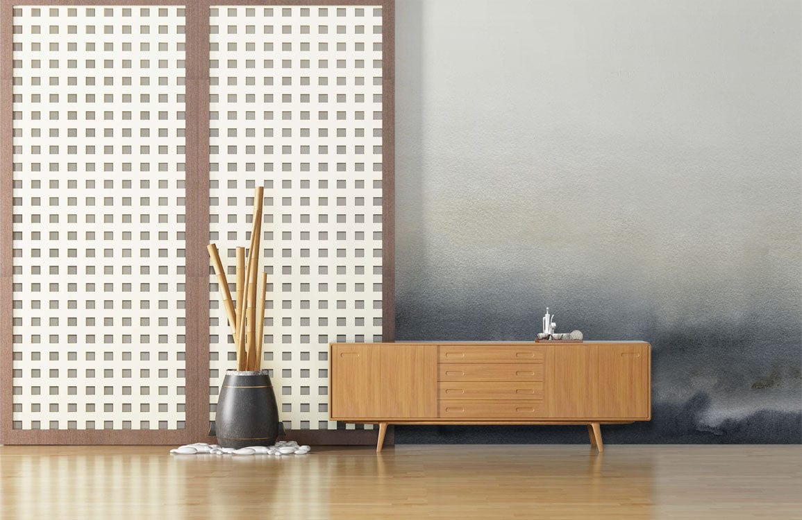Misty Grey Ombre Watercolour Mural Wallpaper with wooden cabinet, bamboo accents, and elegant flooring.