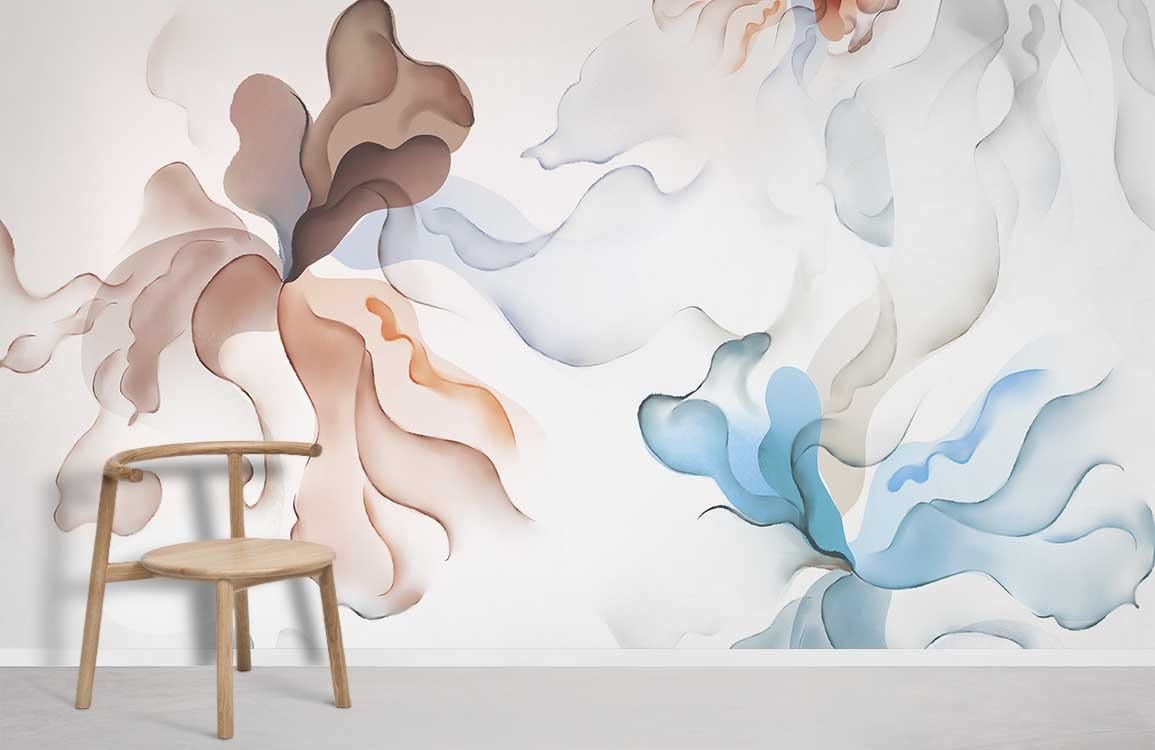 Elegant Watercolour Waves Wallpaper in soft hues with artistic pattern, natural wooden chair, light flooring.