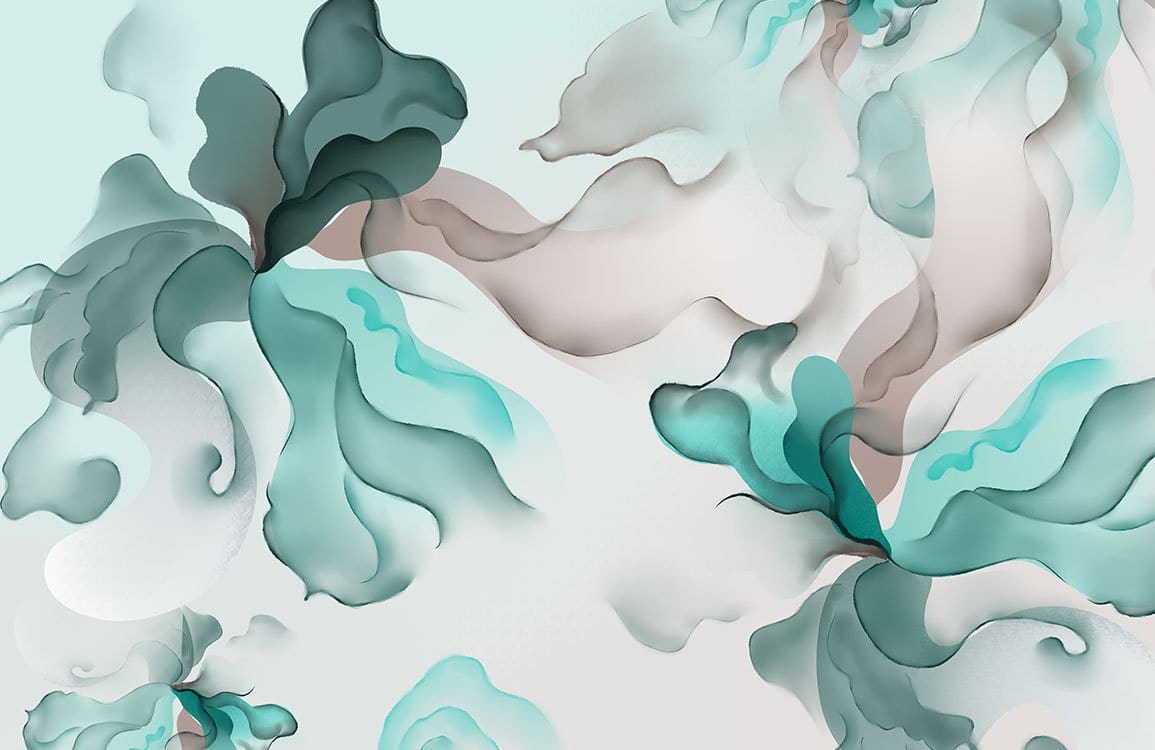 Elegant Abstract Watercolour Mural Wallpaper in Serene Turquoise and Grey Hues