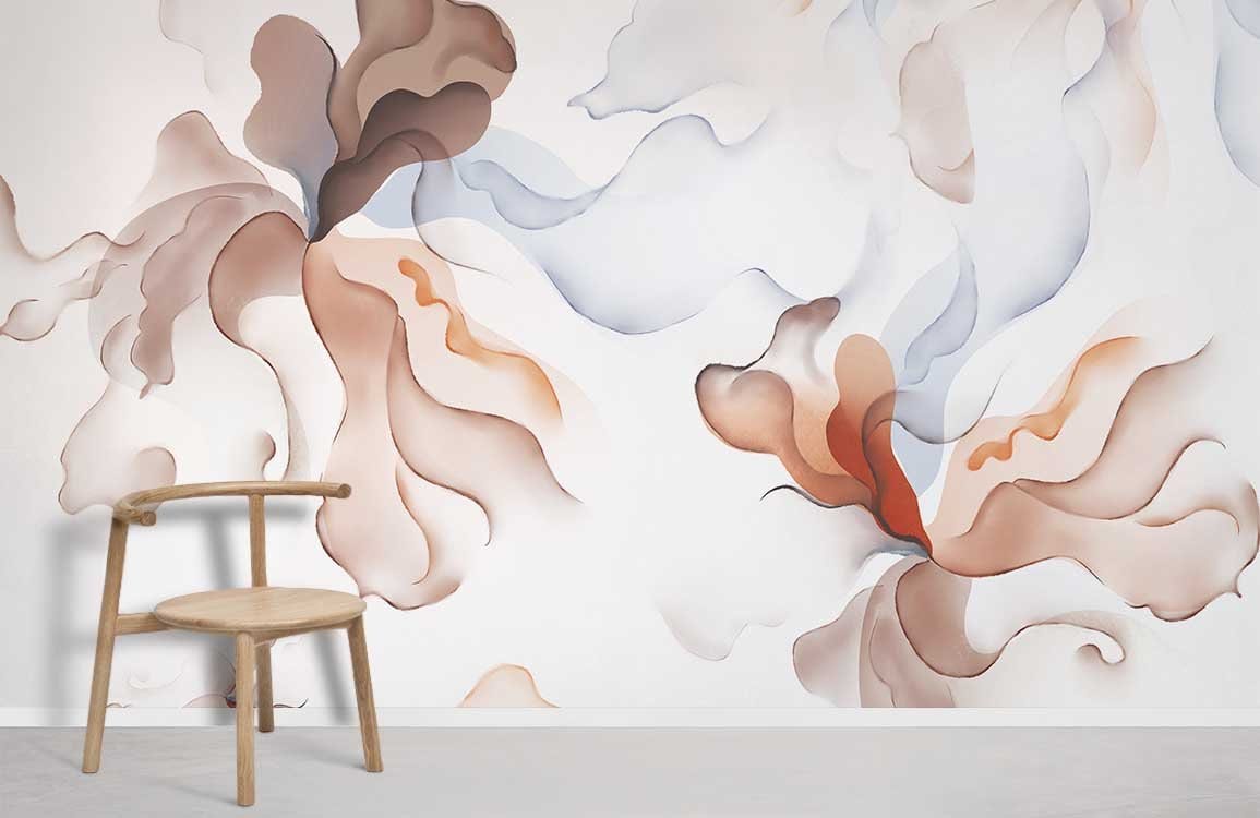 Elegant Abstract Watercolour Floral Swirls Mural Wallpaper in earthy tones, wooden chair, light floor.