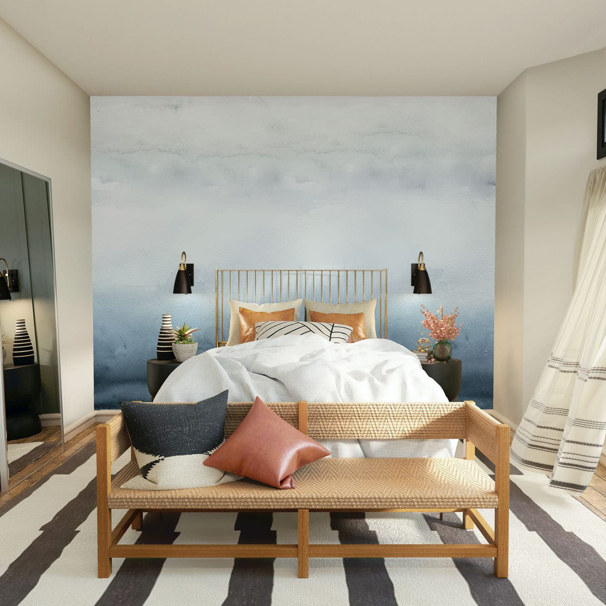 Tranquil Misty Blue Ombre Wallpaper in serene bedroom with striped rug, wooden bench, and cosy decor.