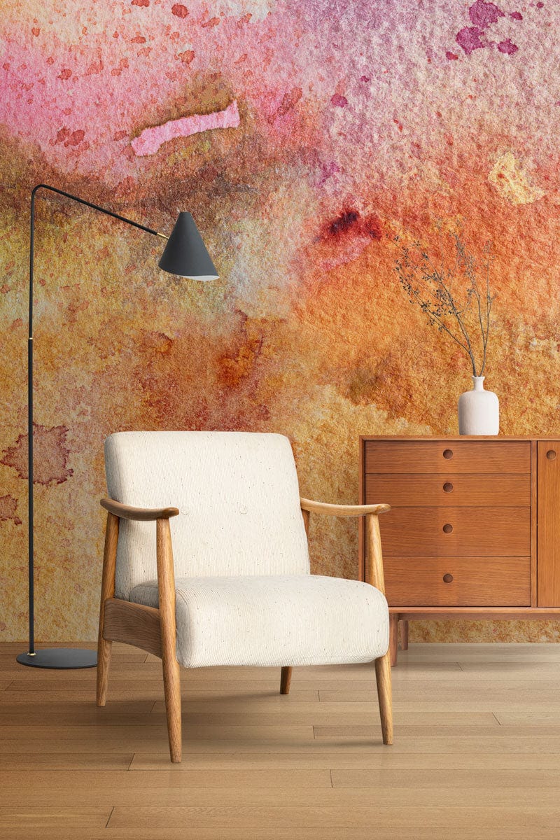 Abstract Watercolour Sunset Bliss Mural, earthy tones, soft armchair, wooden flooring, stylish room Décor.