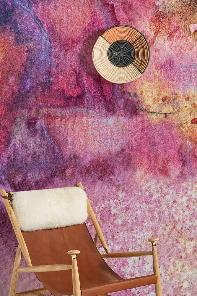 Abstract Watercolour Dreamscape Wallpaper sunlit tones, complementing leather chair, woven wall art, artistic decor.