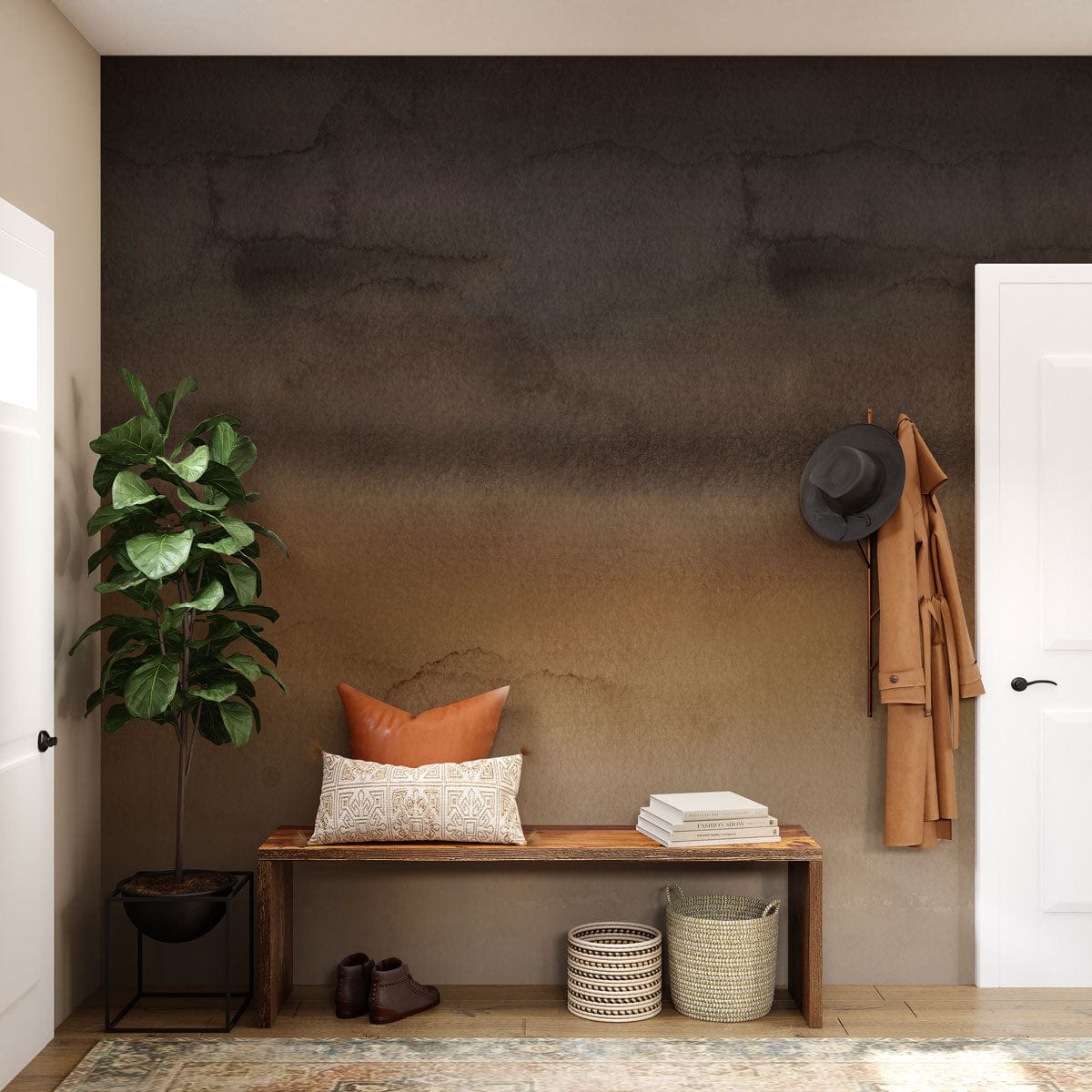 Elegant Earthy Ombre Watercolour Mural Wallpaper in warm neutrals; bench seating; hallway setting; plant decor.