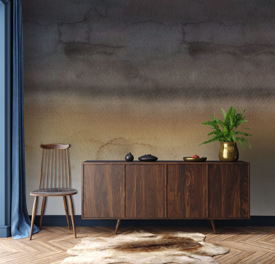 Elegant earthy ombre mural wallpaper in neutral tones, dark wooden sideboard, chair, parquet flooring.