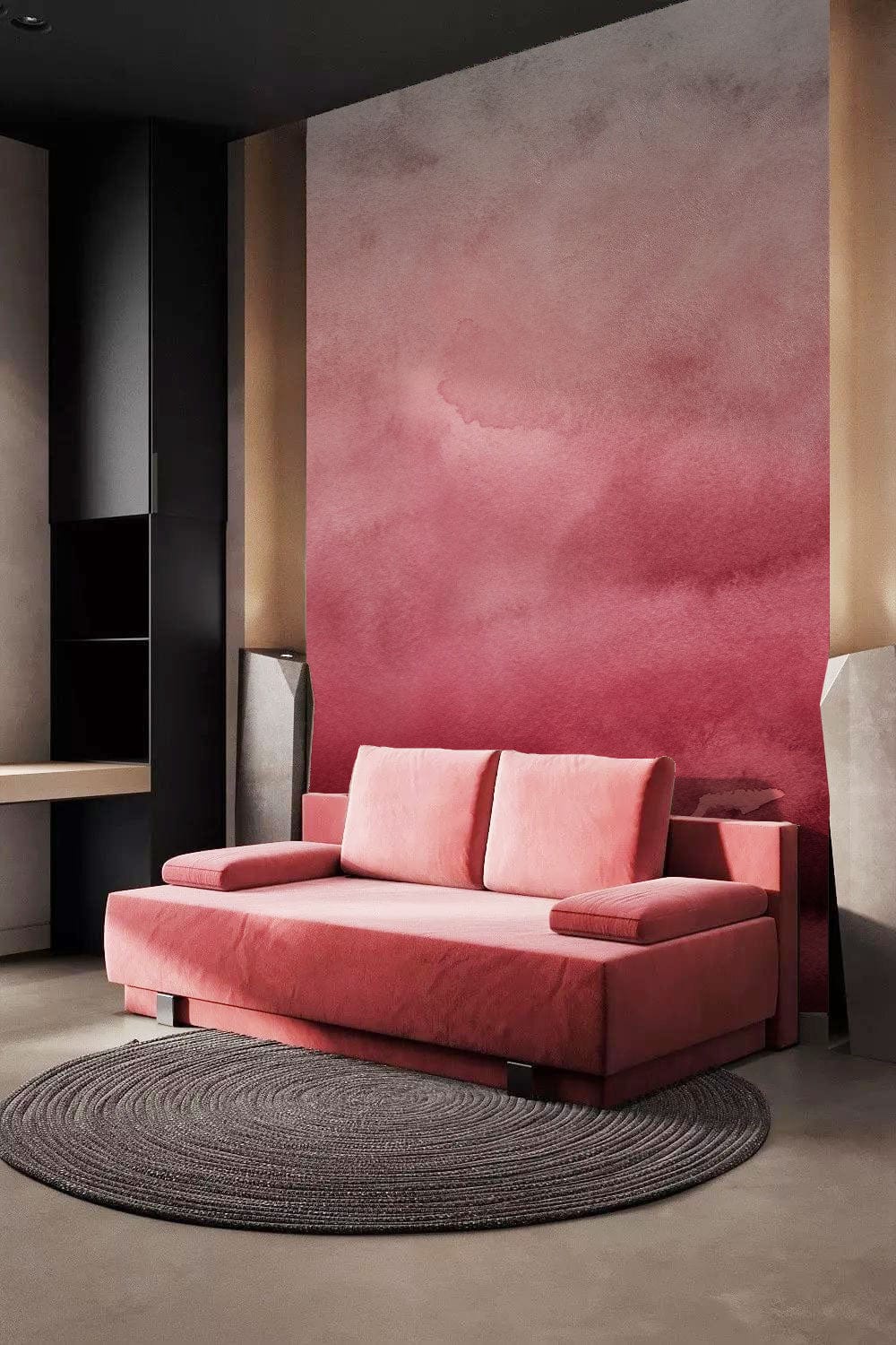 Red ombré wallpaper, elegant modern room, pink sofa, grey circular rug, concrete flooring.
