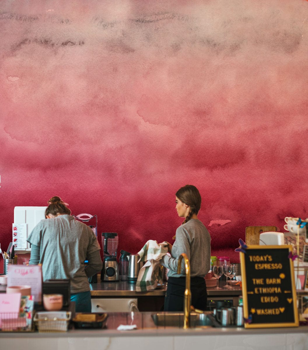 Rosy Watercolour Ombré Wallpaper enhances café atmosphere with artistic red and white design, stylish elegance.