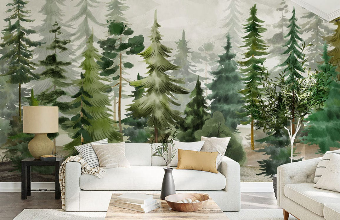 Mist-covered pine forest mural wallpaper, earthy green tones, beige sofa, light wood flooring, living room.