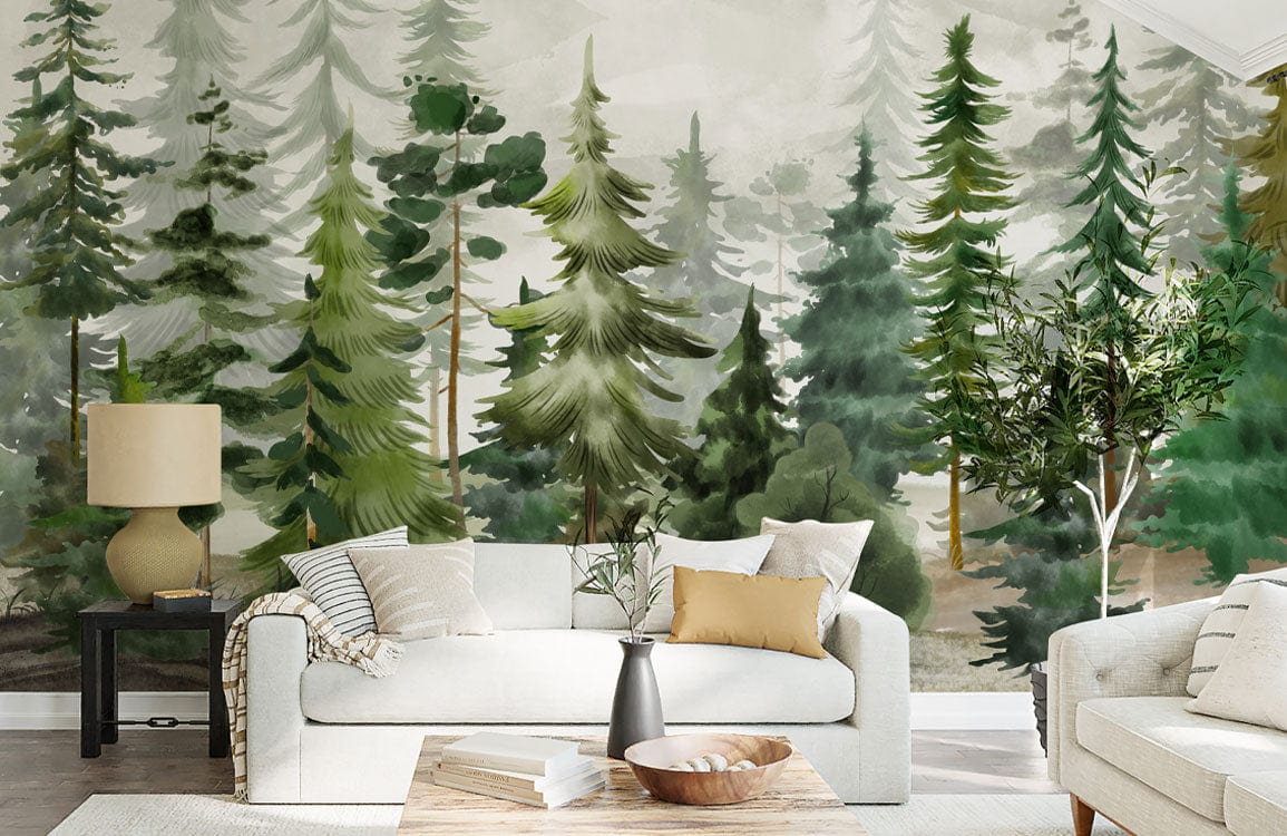 Watercolor Pine Forest Wallpaper Mural