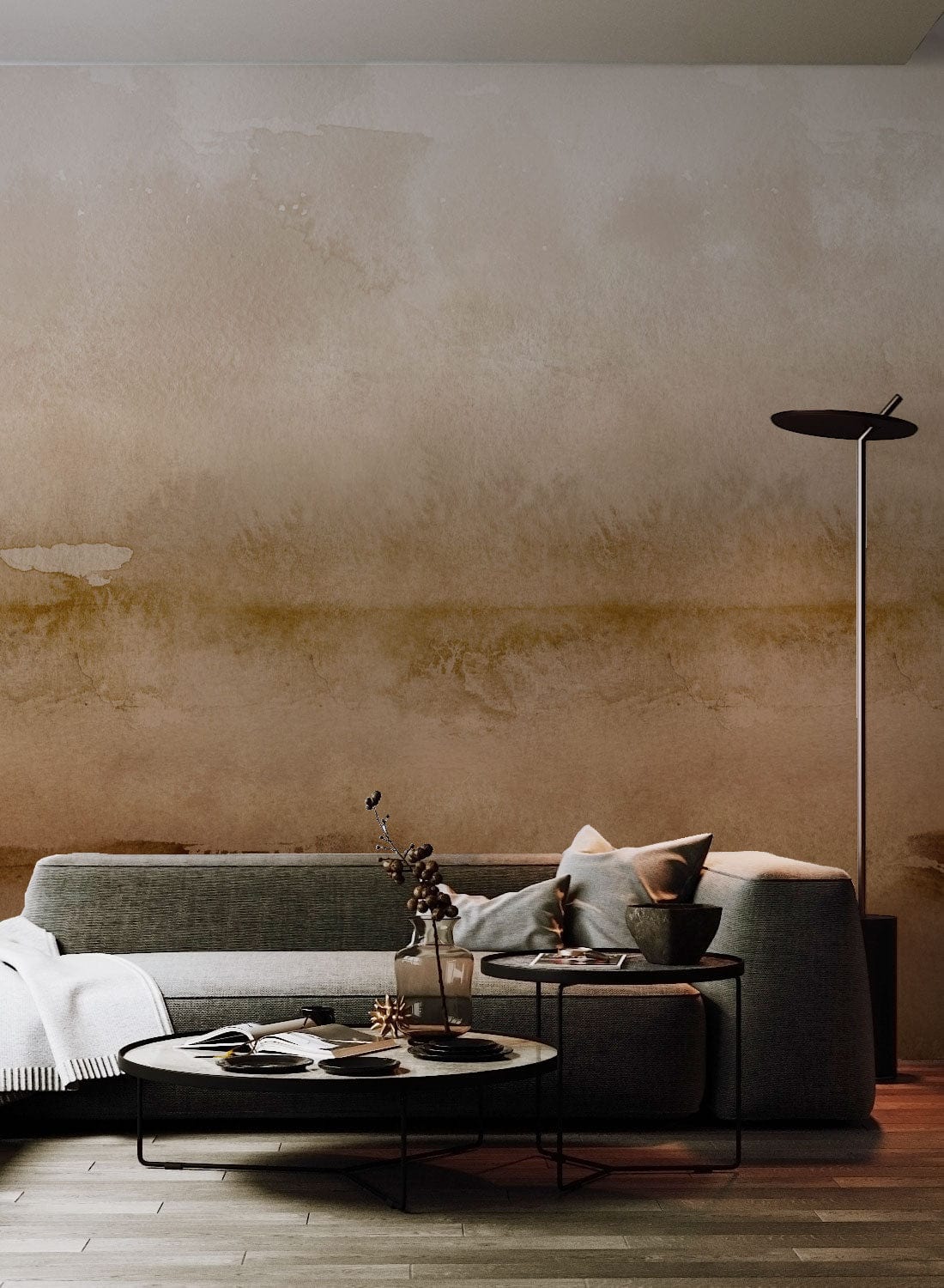 Earthy brown gradient mural wallpaper with grey modern sofa, wooden flooring, and sleek floor lamp.