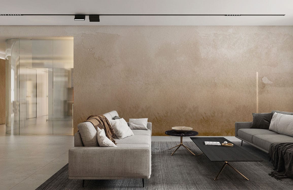 Living room with Earthy Brown Watercolour Gradient Mural Wallpaper, grey sofas, glass door, and modern decor.