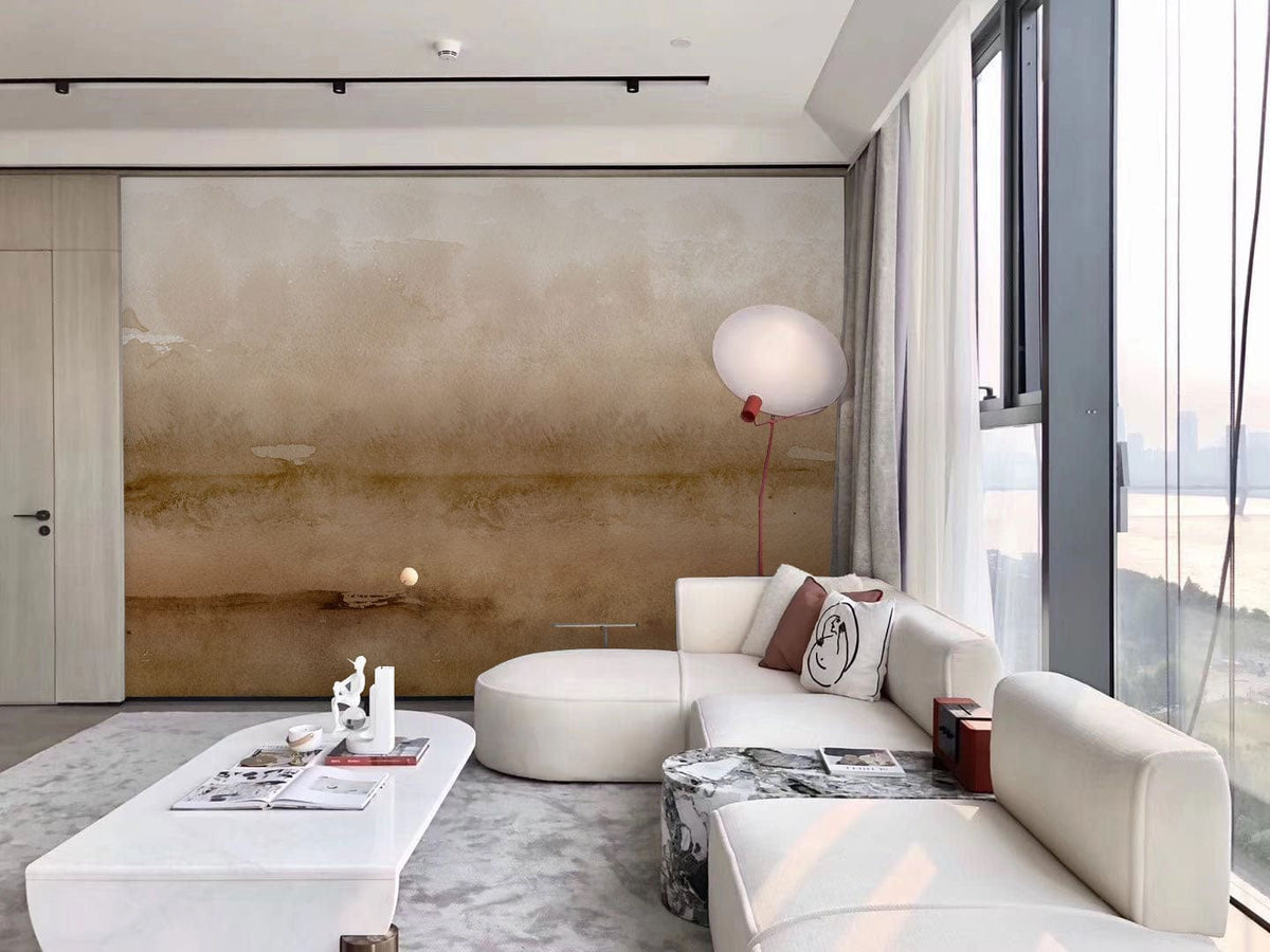 Earthy Brown Watercolour Gradient Mural complements modern living room with white sofa and contemporary decor.