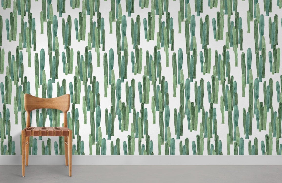 Green cactus pattern wallpaper in room with wooden chair and grey flooring, modern interior design.