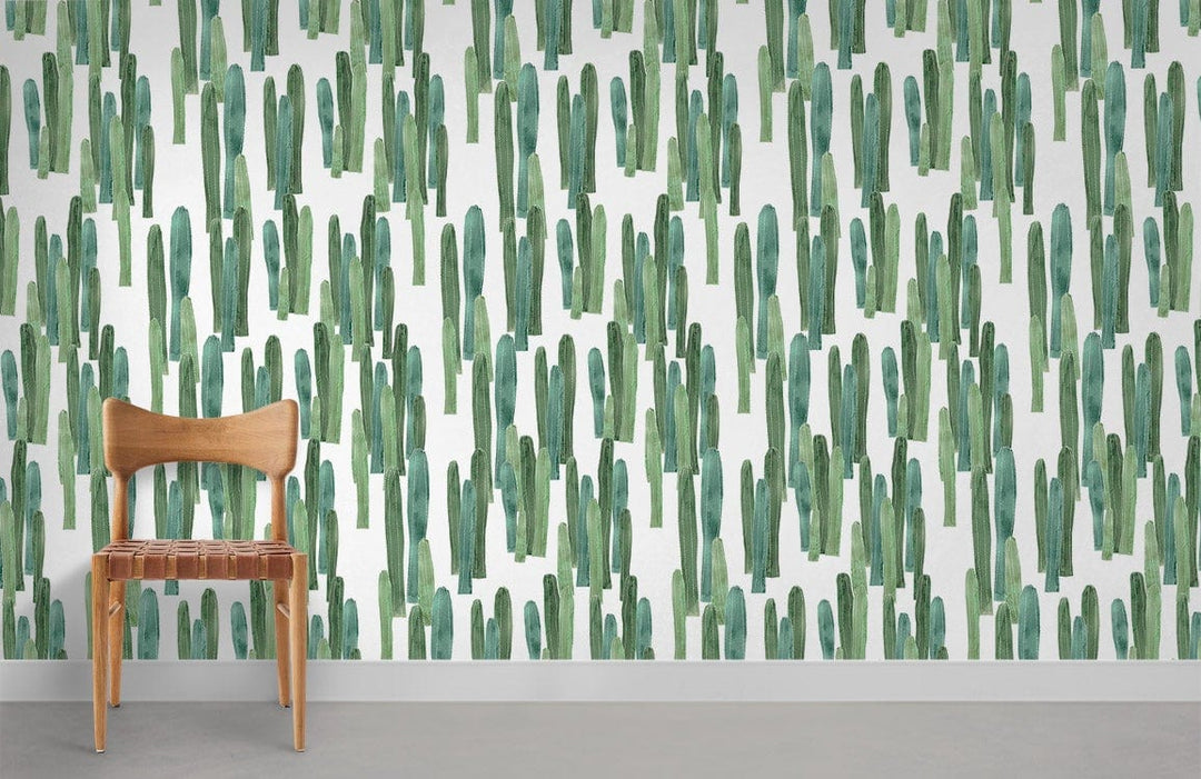 Green cactus pattern wallpaper in room with wooden chair and grey flooring, modern interior design.