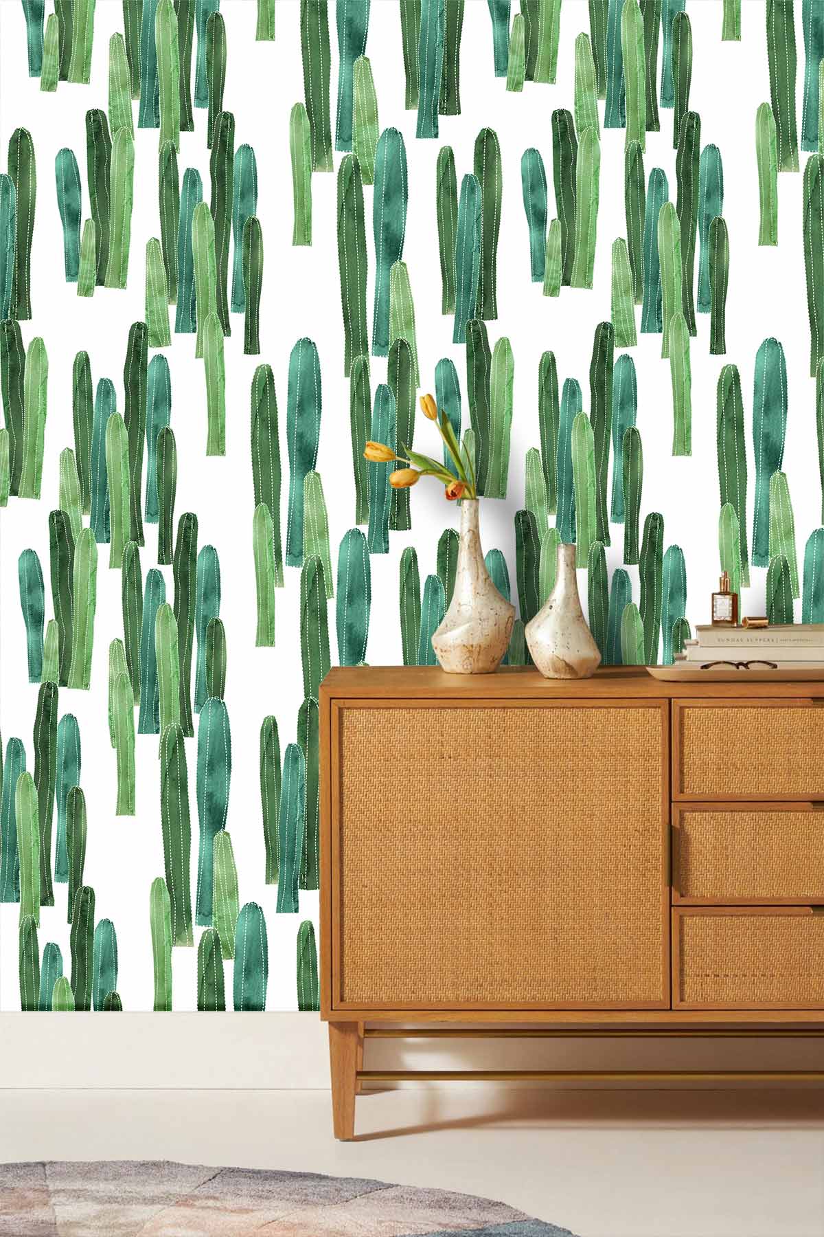 Green cactus pattern wallpaper with wooden cabinet; ideal nature-inspired interior design. Contemporary rug visible.