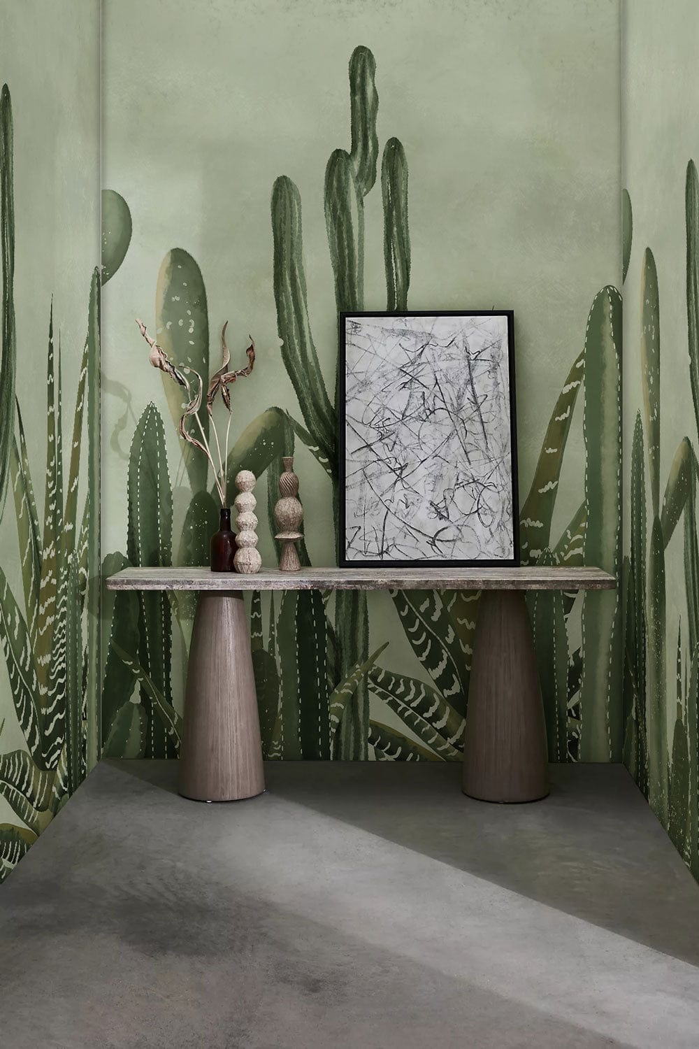 Elegant Green Cactus Mural Wallpaper in a minimalist room with grey floor and modern console table.