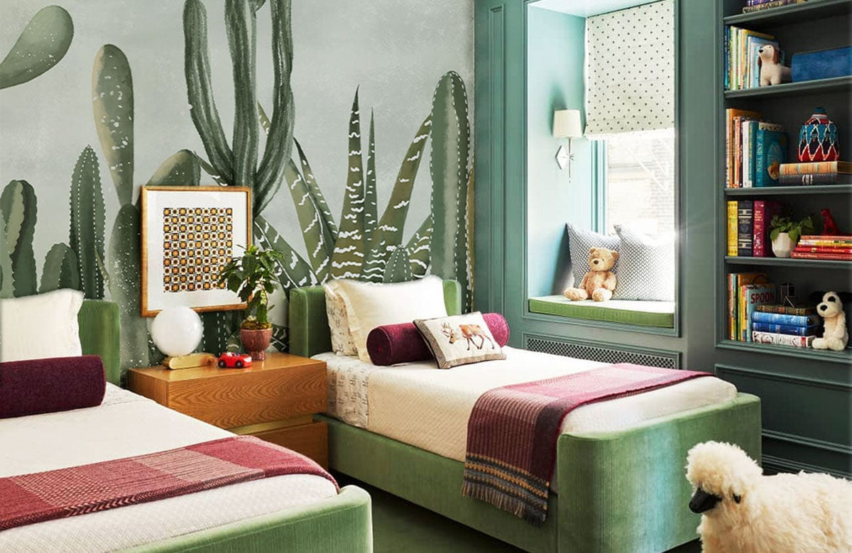 Elegant Green Cactus Mural Wallpaper in cosy room with green sofas, wooden flooring, vibrant decor elements.