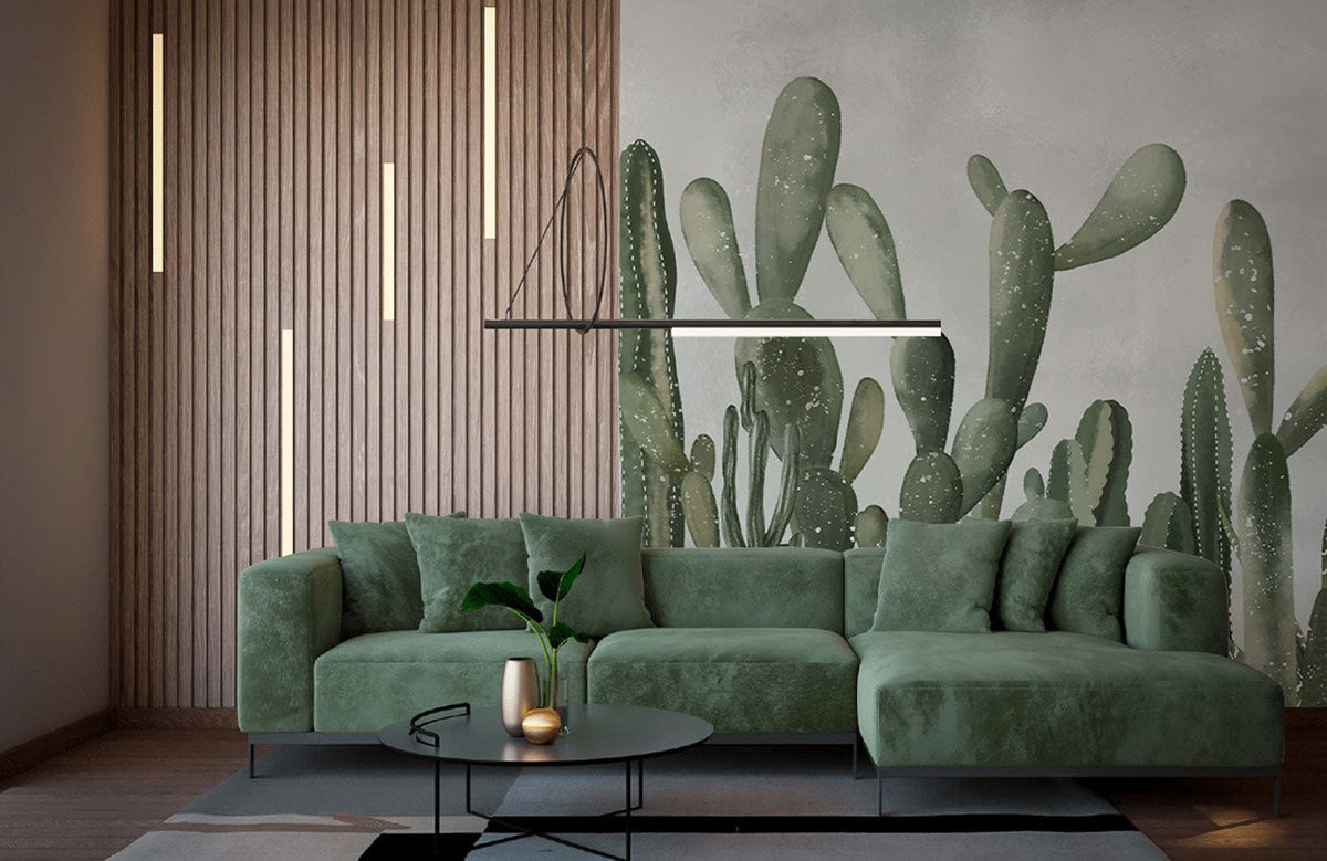 Elegant Green Cactus Mural Wallpaper in modern living room with green sofa, wood panelling, and light.