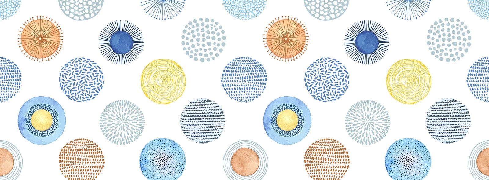 Geometric Circles Pattern Wallpaper in Blue, Yellow, and Orange Design