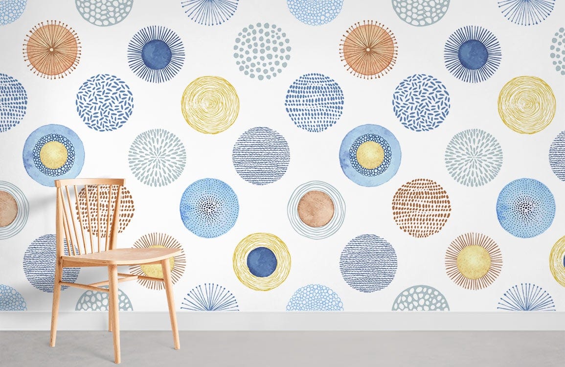 Geometric Circles Pattern Wallpaper in blue, yellow, orange with wooden chair, minimal room design.
