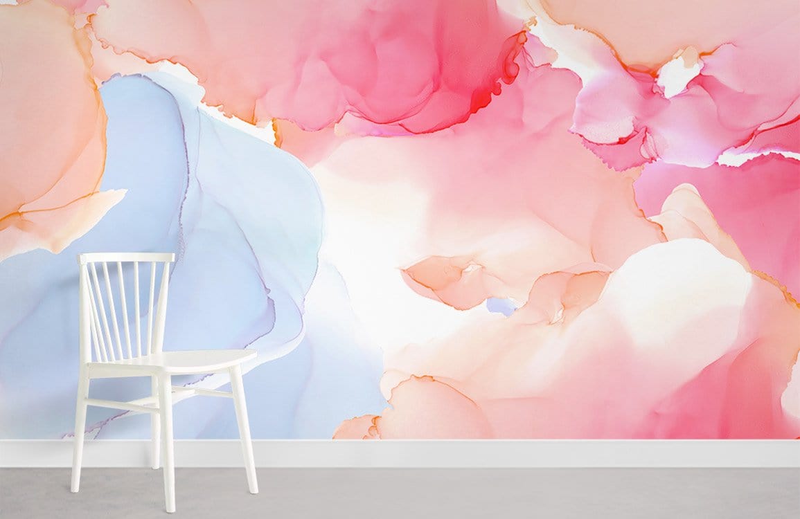 Abstract pastel wall mural in pink and blue, white chair, grey flooring, modern decor style.