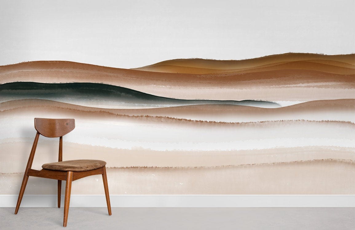 Contemporary Earthy Tones Abstract Landscape Mural Wallpaper in modern room with wooden chair and grey flooring.