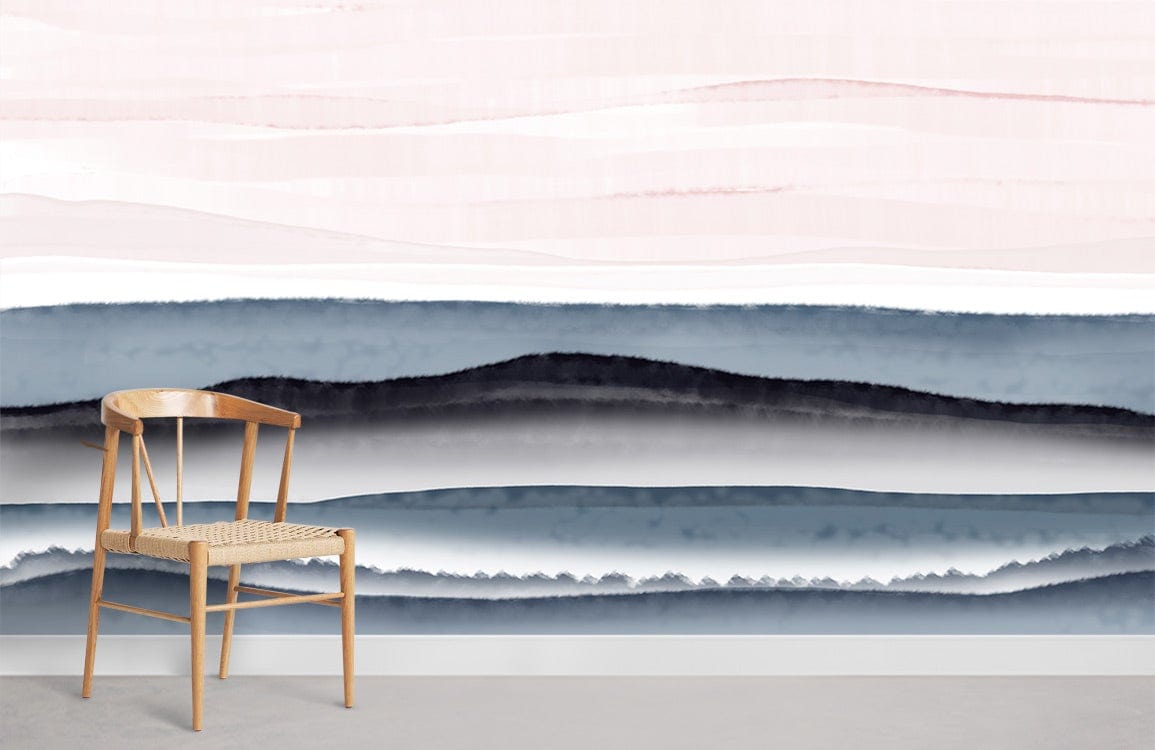 Contemporary Watercolour Horizon Mural with wooden chair, soothing grey-beige tones. Elegant room decor.