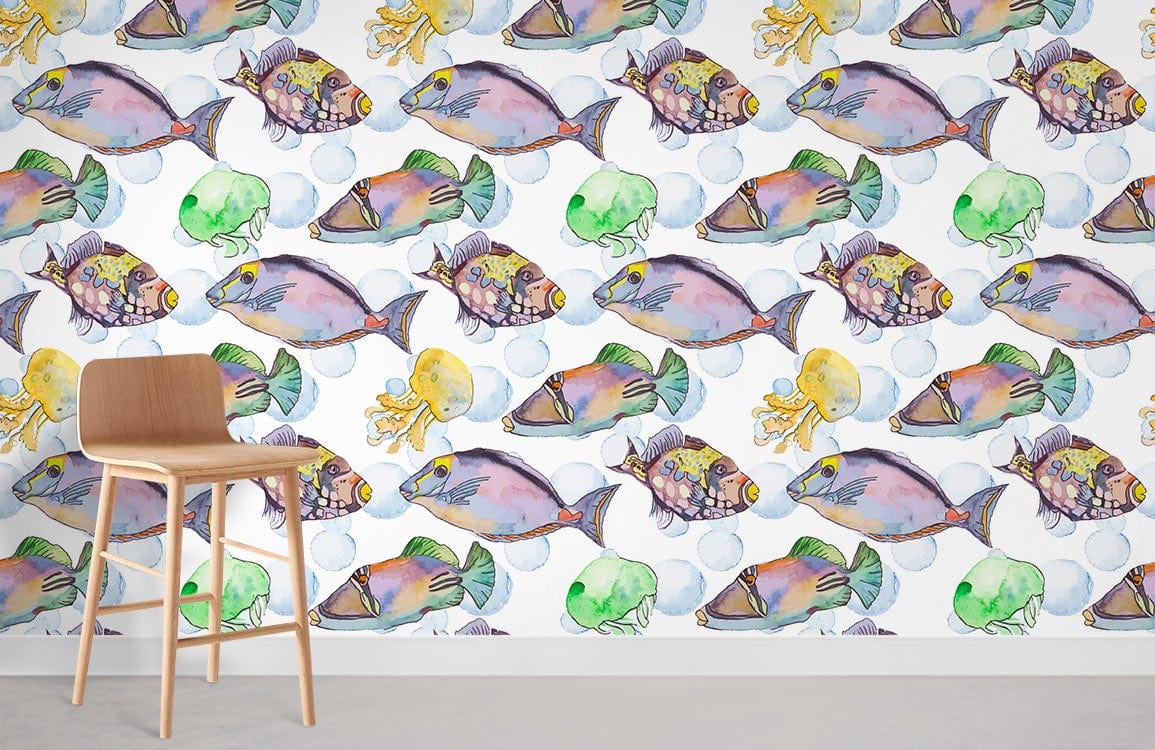 Colourful watercolour tropical fish wallpaper in living room with wooden chair, grey flooring, sea life decor.