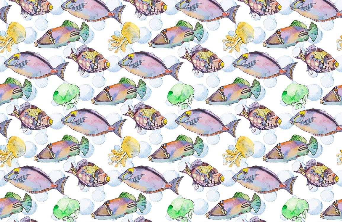 Colourful Watercolour Sea Life Pattern Wallpaper with Tropical Fish Design