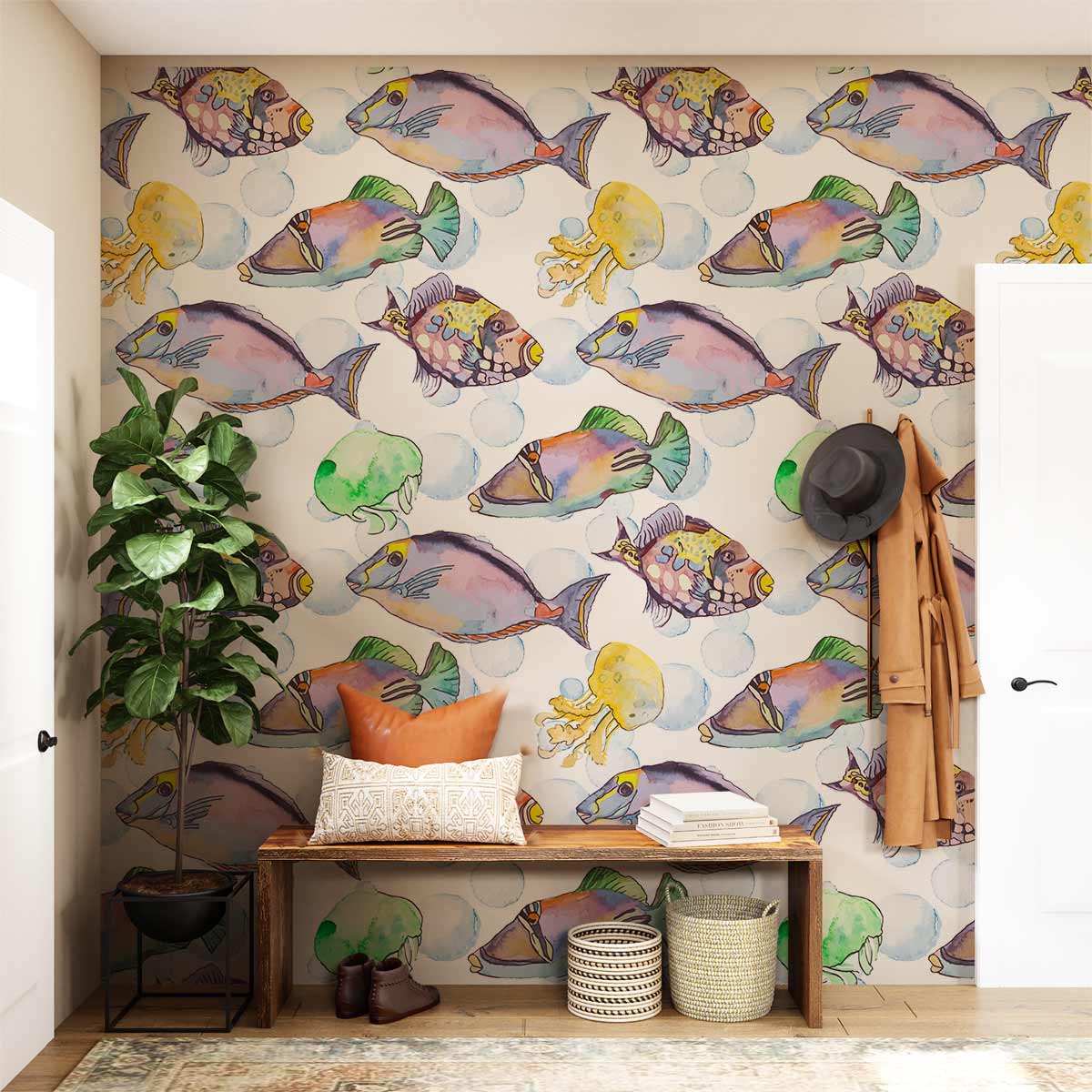 Colourful fish pattern wallpaper, tropical theme, hallway setting, natural wood bench, woven baskets, coat hanger.