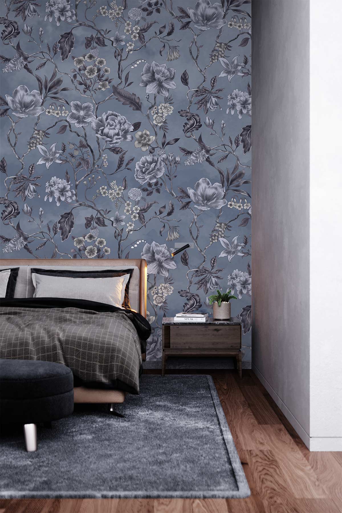 Elegant blue floral wallpaper with vintage charm in bedroom, grey bed, wooden flooring, velvet sofa.