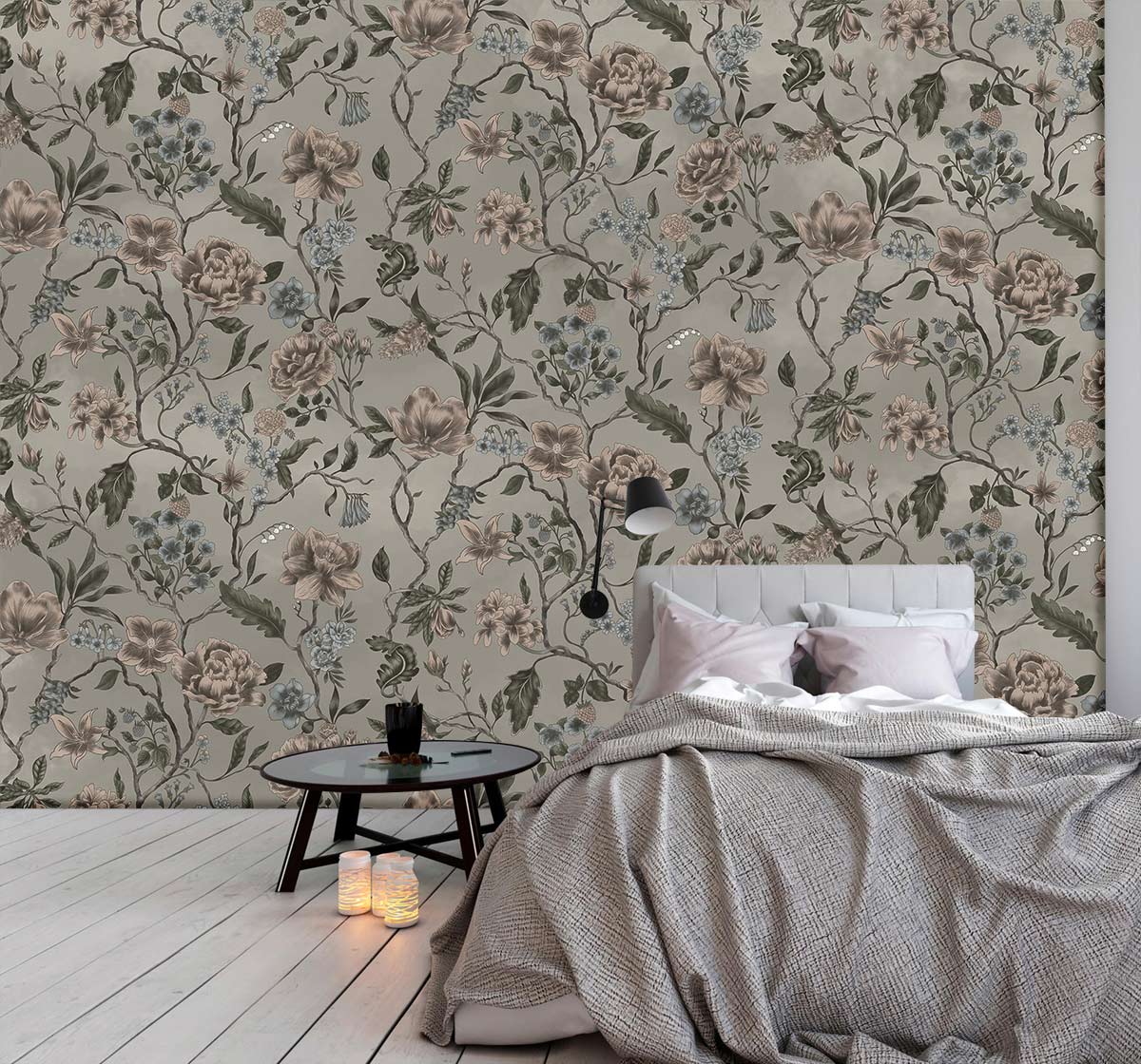 Vintage floral wallpaper in subtle grey, pastel tones, bedroom decor with white flooring, cosy bed.