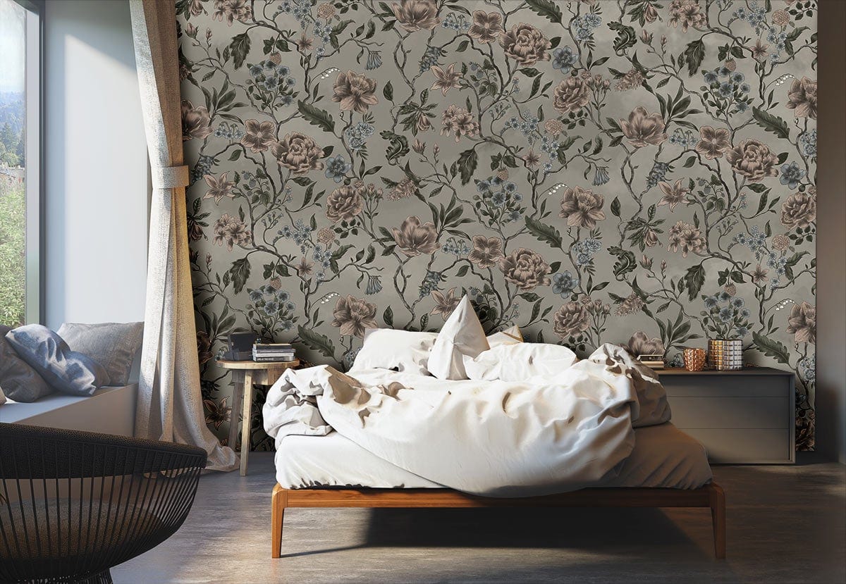 Vintage Floral Elegance Wallpaper in sophisticated room with wooden bed, grey walls, and modern flooring.