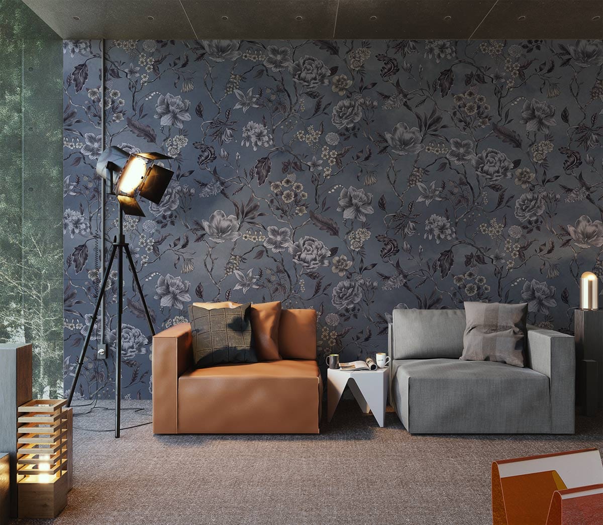 Elegant blue floral wallpaper in modern room with brown and grey sofas, tripod lamp, and carpeted floor.