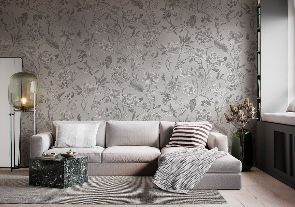 Elegant grey floral wallpaper in vintage living room with beige sofa, marble table, and wooden flooring.